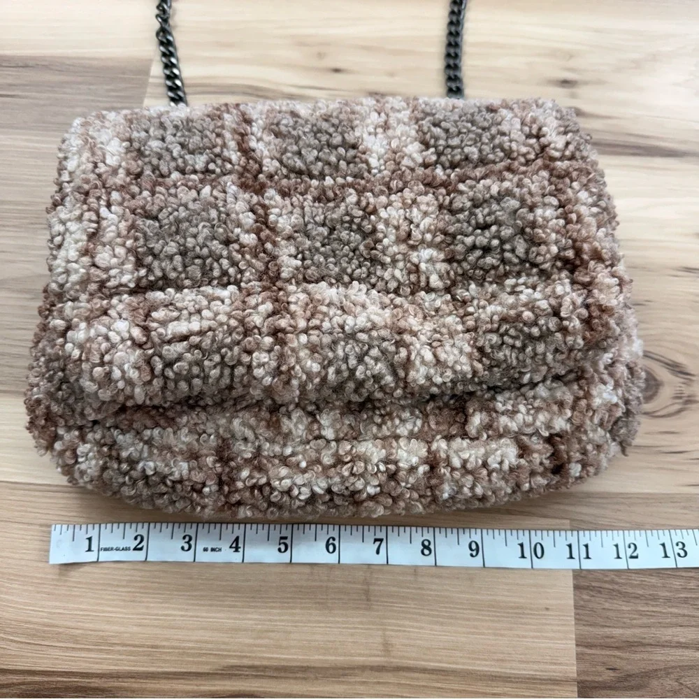 Zara Faux Fur Checkered Textured Brown Sherpa Women's Bag